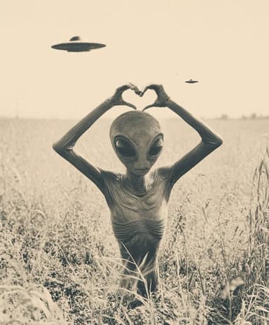 A grey person with big, dark eyes stands in a wheatfield making heart hands above their head. Two unidentified flying objects can be seen in the background.